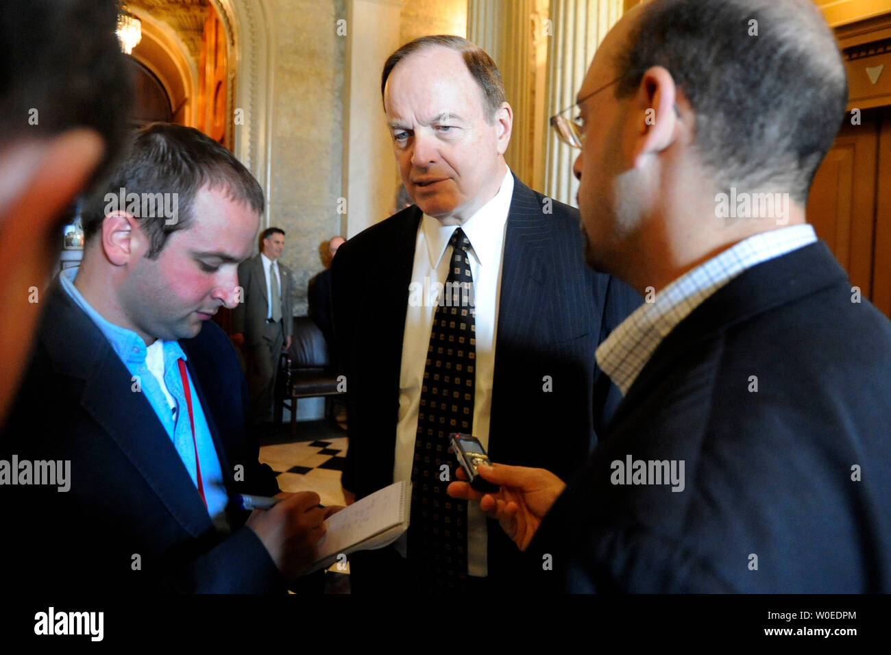 Sen. Richard Shelby (R-AL) talks to members of the media following a Senate vote on the Housing reform bill in the Capitol Building in Washington on July 26, 2008. The bill, which passed today, helped to stabilize Fannie Mae and Freddie Mac as well as restructured the FHA. (UPI Photo/Kevin Dietsch) Stock Photo