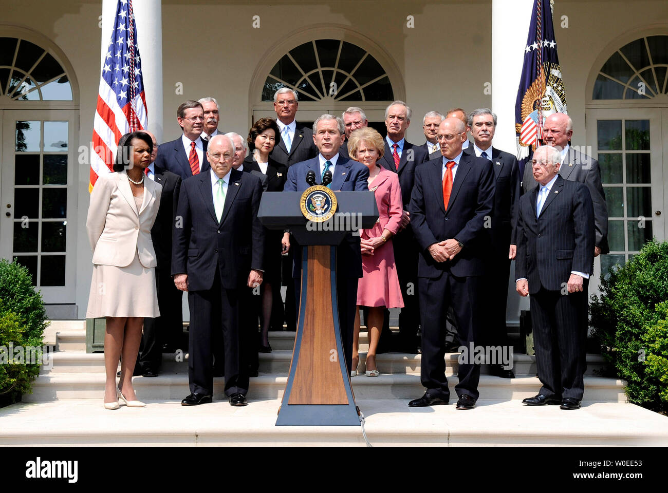 U S President George W Bush Delivers Remarks Alongside Members