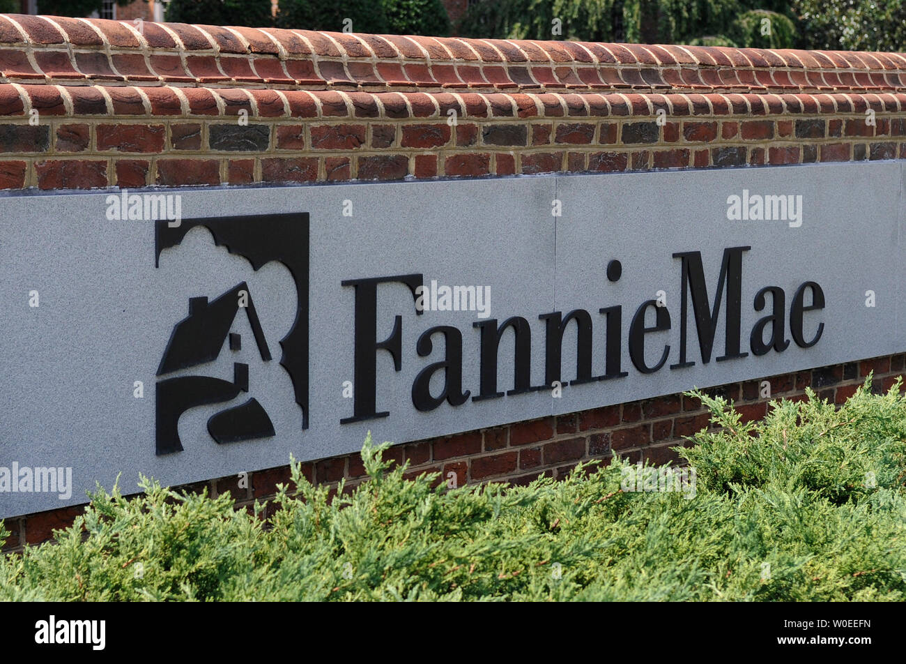 The Fannie Mae logo is seen outside of their corporate headquarters in Washington on September 8, 2008. The Bush administration announced it was taking control of the troubled mortgage lending giants Fannie Mae Freddie Mac in an attempt to help save the lenders and reverse the housing and credit crisis. (UPI Photo/Kevin Dietsch) Stock Photo