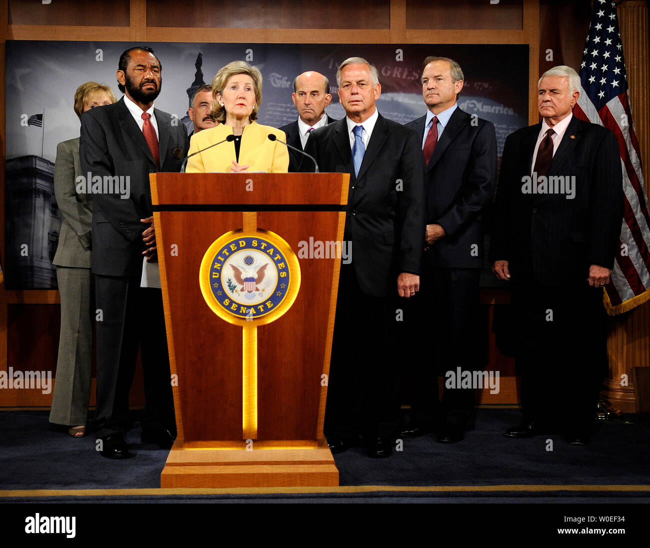 Sen. Kay Bailey Hutchison (R-TX), accompanied by members of the Texas Congressional delegation, speaks during a news conference on the impact of Hurricane Ike on Texas in Washington on September 16, 2008. Hutchinson was joined by, from left to right, Rep. Kay Granger (R-TX) Rep. Al Green (D-TX), Rep. Ciro Rodriguez (D-TX), Rep. Louis Gohmet (R-TX), Rep. Gene Green (D-TX), Rep. Chet Edwards (D-TX) and Rep. John Carter (R-TX). (UPI Photo/Kevin Dietsch) Stock Photo