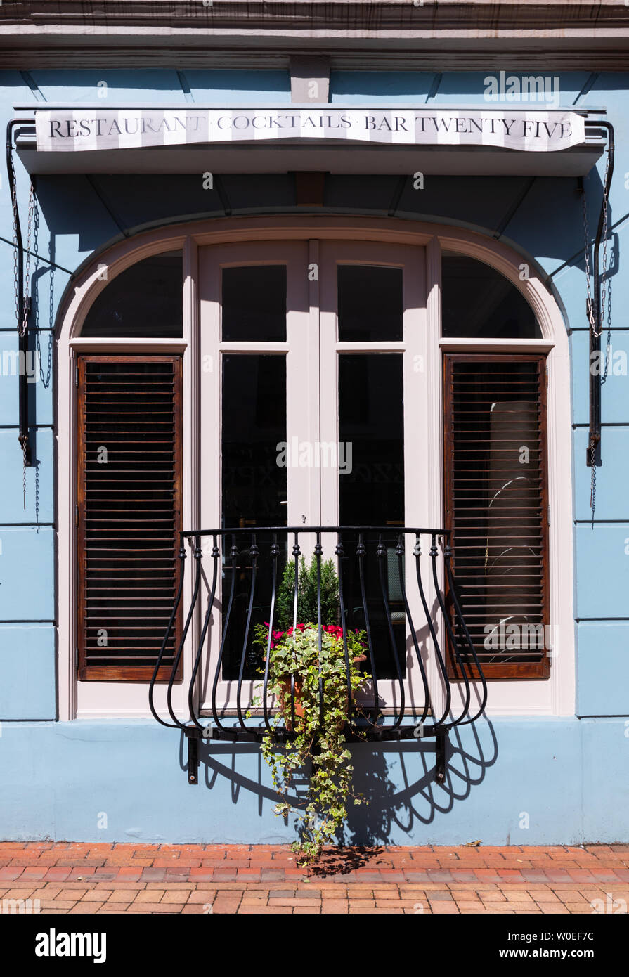 Rugby, Warwickshire, UK: An arched window with shutters and railings in a blue wall. A pot contains flowers and ivy trails to the floor. Stock Photo