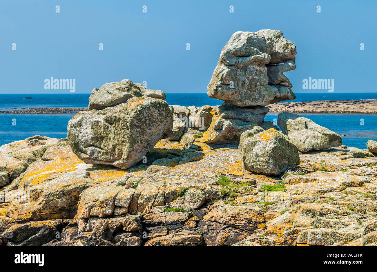 France, Brittany, Ile de Sein, decorative stones by the sea Stock Photo