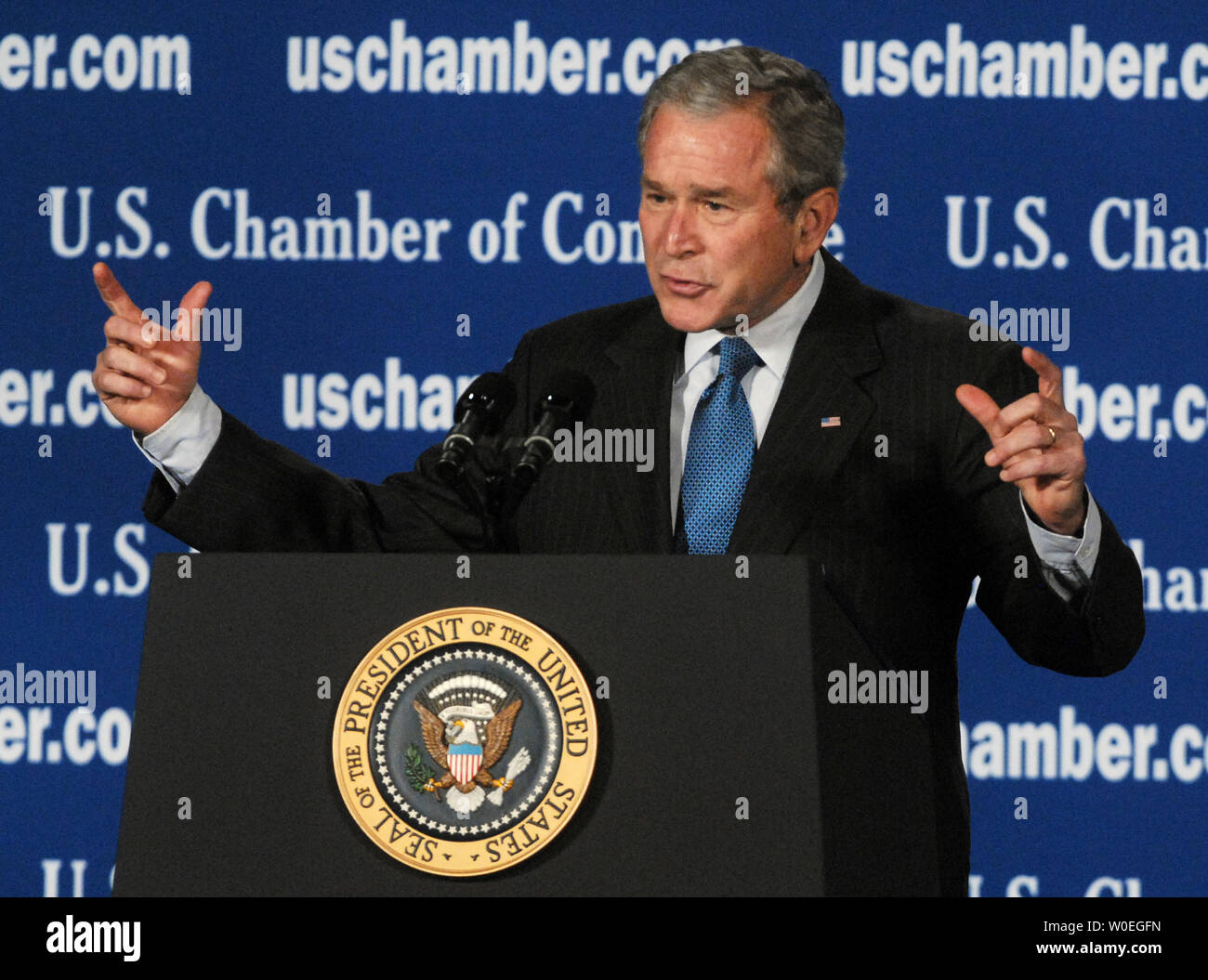 U.S. President George W. Bush speaks about the financial crisis at the U.S. Chamber of Commerce headquarters in Washington on October 17, 2008. (UPI Photo/Alexis C. Glenn) Stock Photo