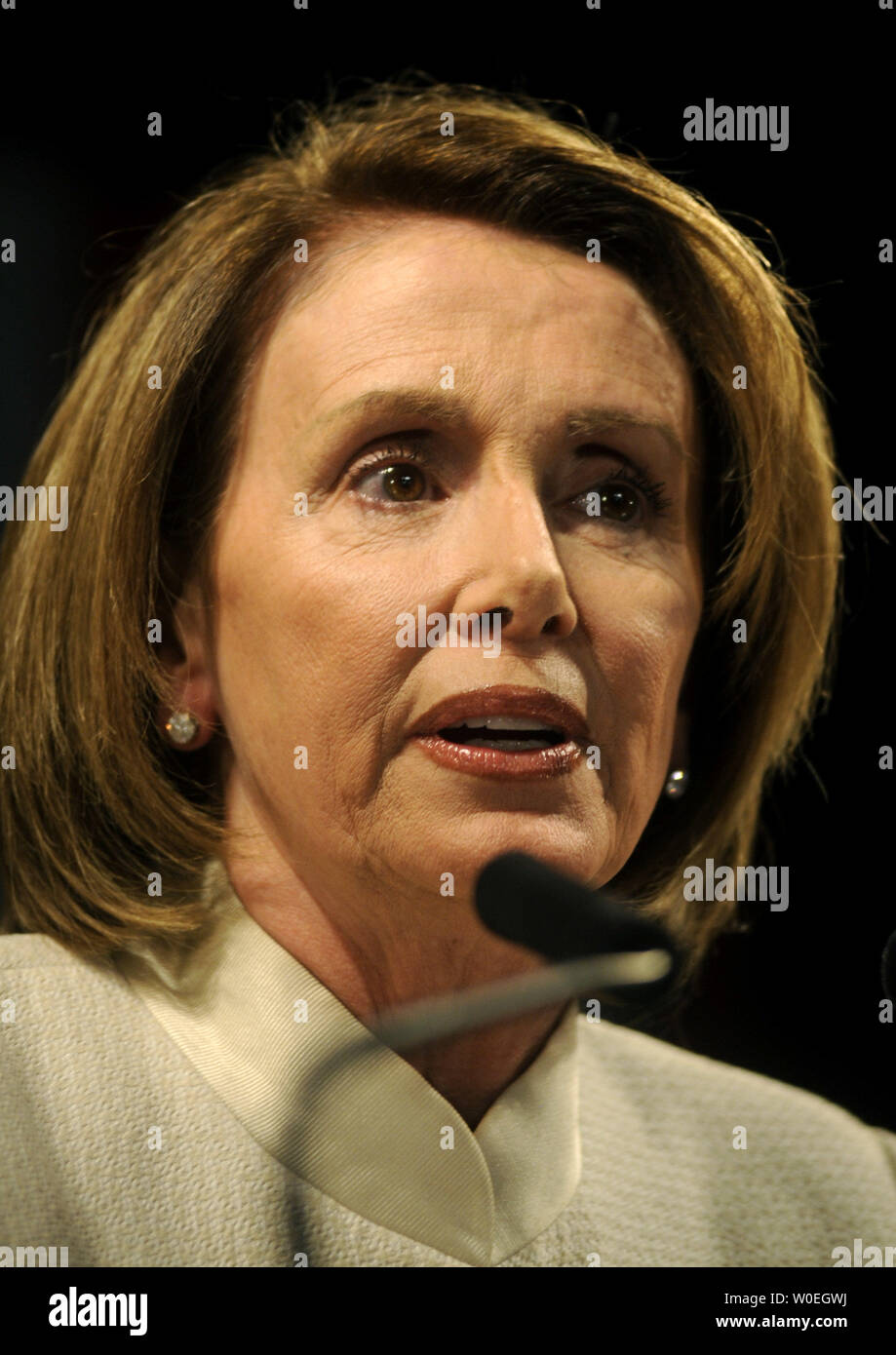 Speaker of the House Nancy Pelosi (D-CA) delivers remarks at a Congresssional Democratic National Committee watch party in Washington on November 4, 2008. (UPI Photo/Kevin Dietsch) Stock Photo