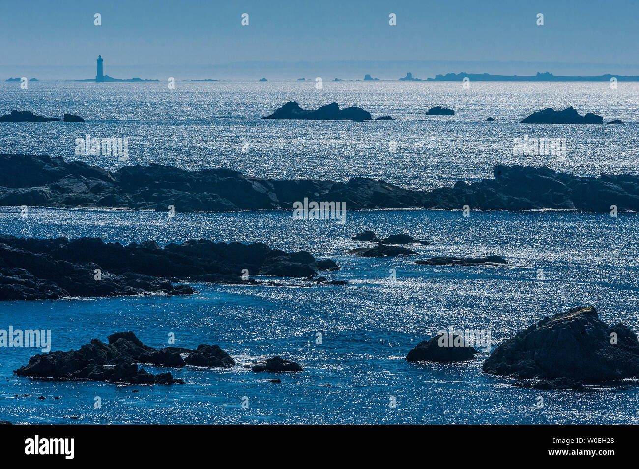 France, Brittany, Ile d'Ouessant, Pointe de Penn ar Viler and La Jument lighthouse, south coast Stock Photo