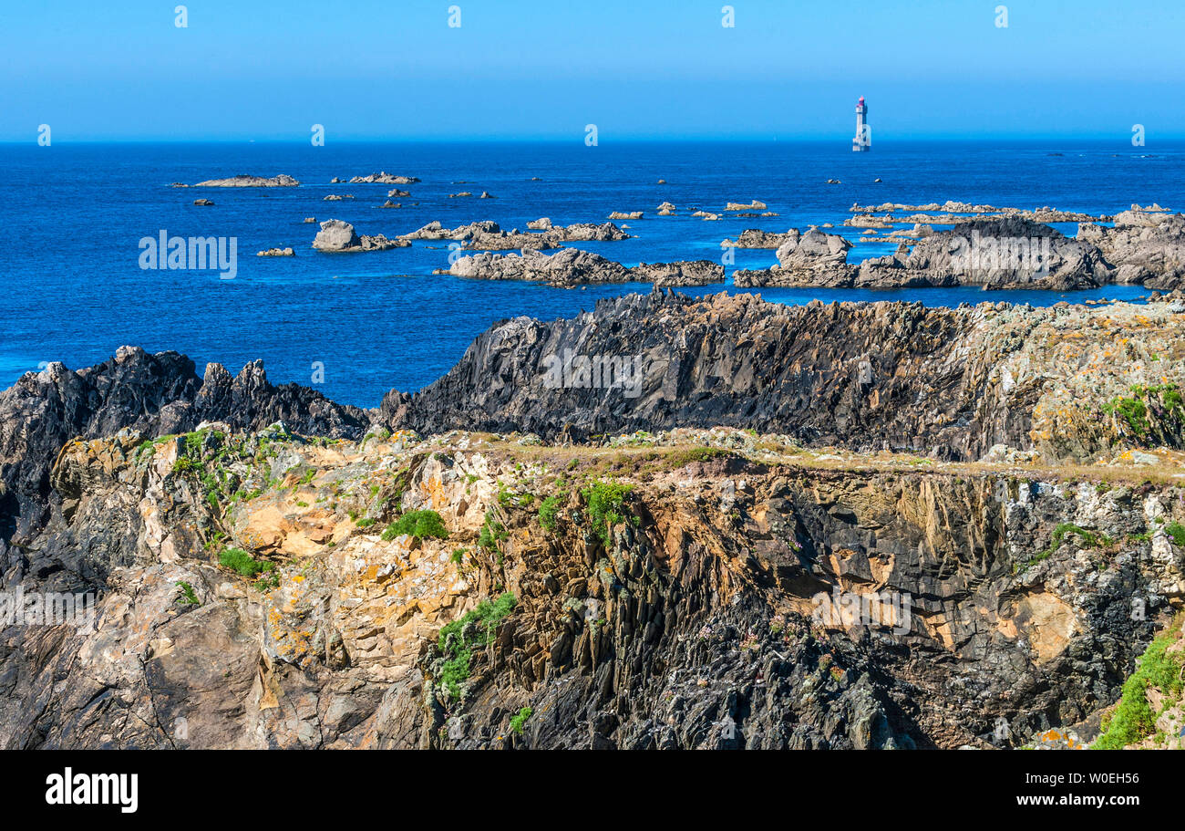 France, Brittany, Ile d'OUessant, La Jument lighthouse, south coast Stock Photo