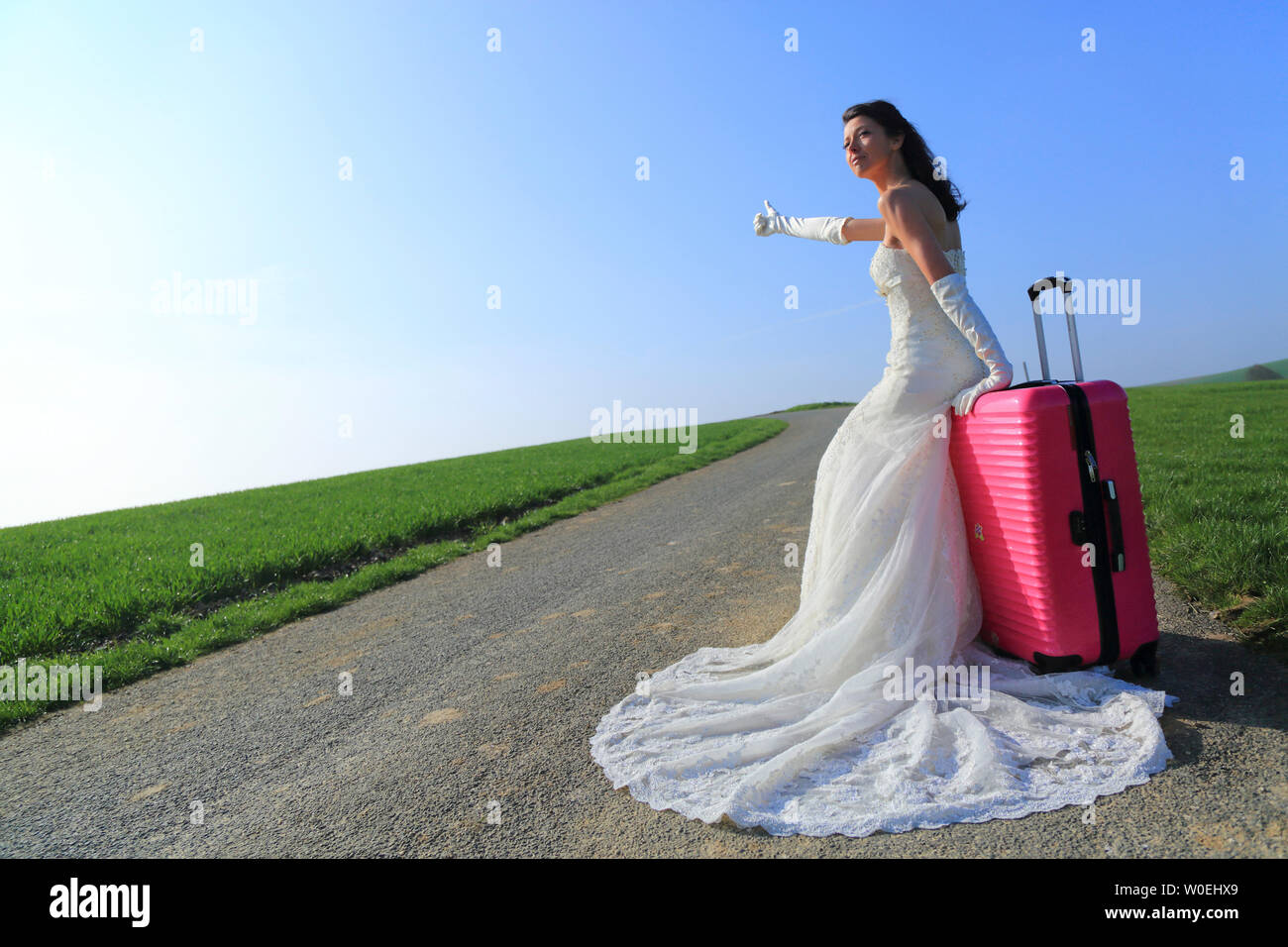 Bride hitchhiking with pink suitcase Stock Photo