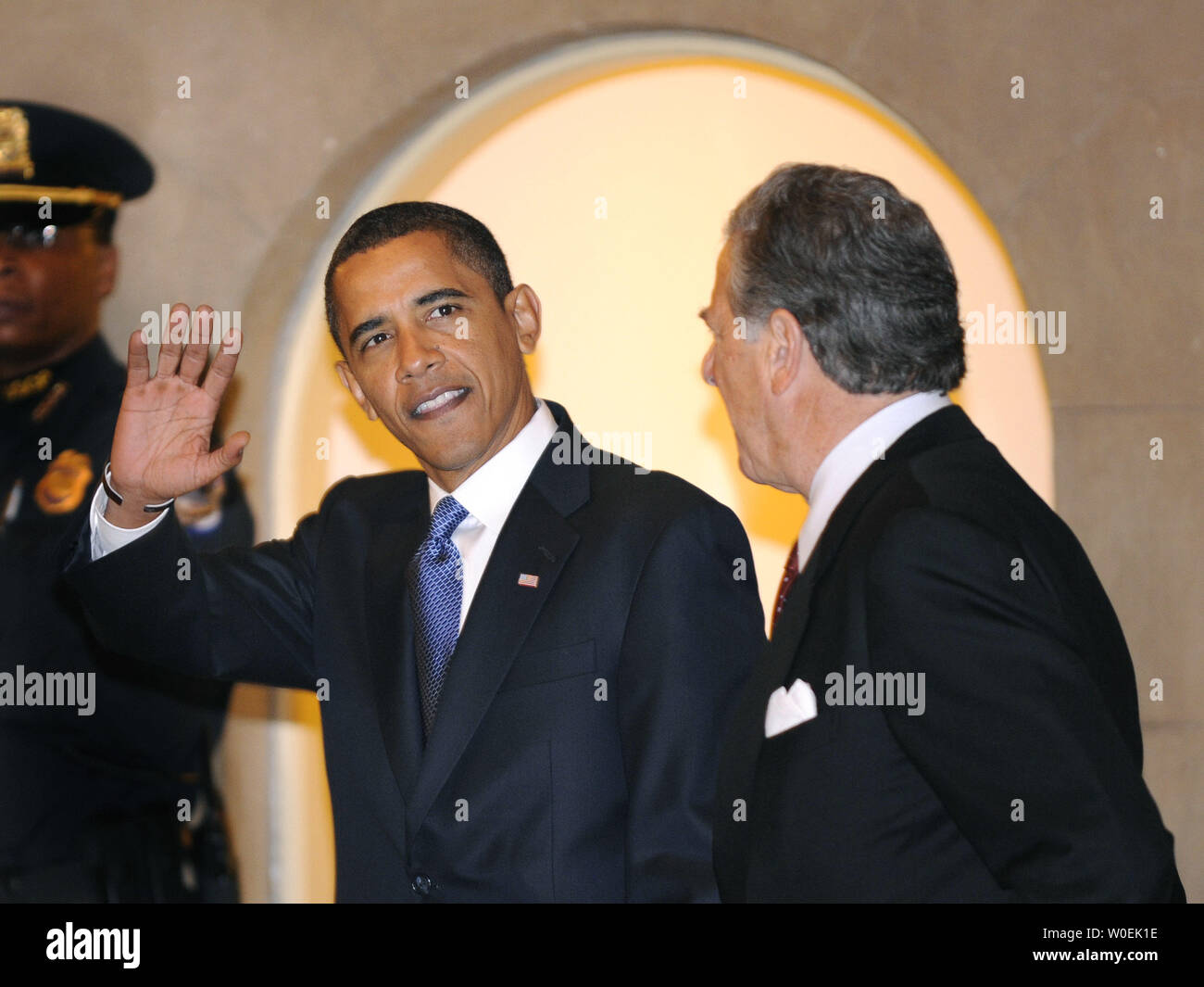 President-elect Barack Obama waves as he leaves a meeting with Speaker of the House Nancy Pelosi (D-CA) in the U.S. Capitol Building in Washington on January 5, 2008. (UPI Photo/Kevin Dietsch) Stock Photo