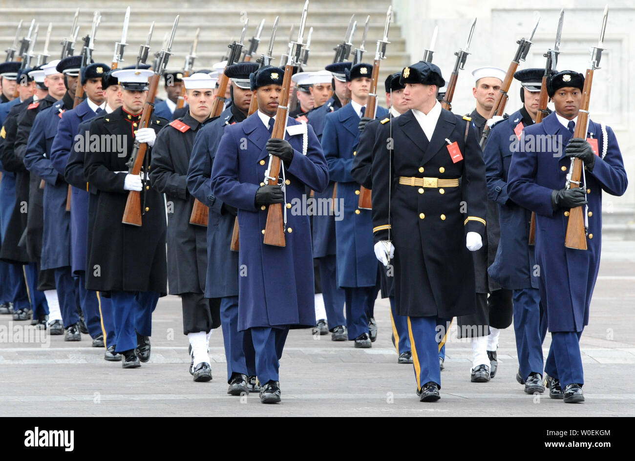 U.S. military honor guards march to precision during a dress rehearsal of the Presidential Inauguration ceremony at the U.S. Capitol on January 11, 2009.  President-elect Barack Obama will take the oath of office and become the 44th president of the United States on January 20, 2009.  Millions are expected in Washington for the event.  (UPI Photo/Pat Benic) Stock Photo