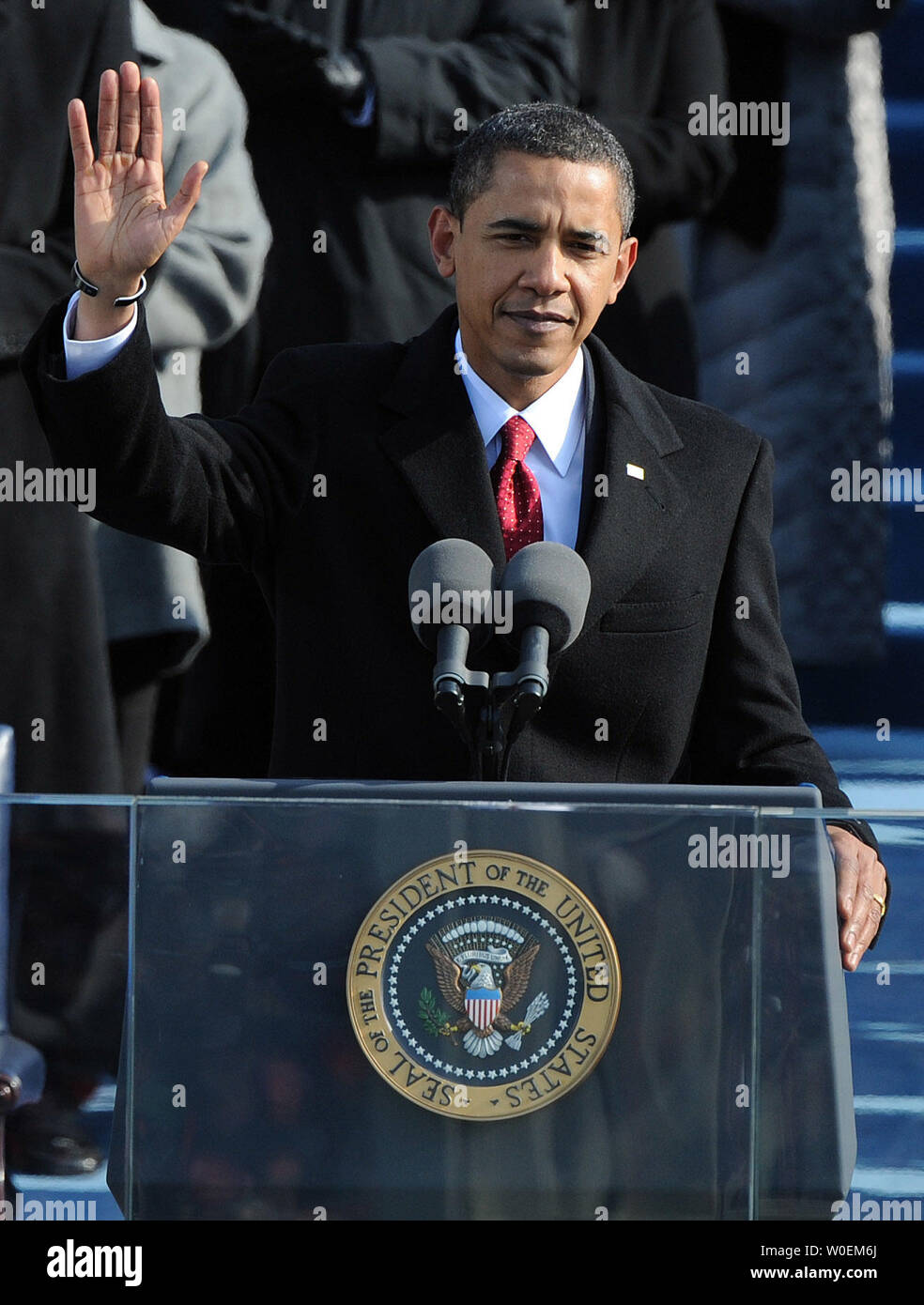 President Barack Obama delivers his Inaugural address after being sworn in as the 44th President of the United States on the west steps of the Capitol on January 20, 2009.    (UPI Photo/Pat Benic) Stock Photo