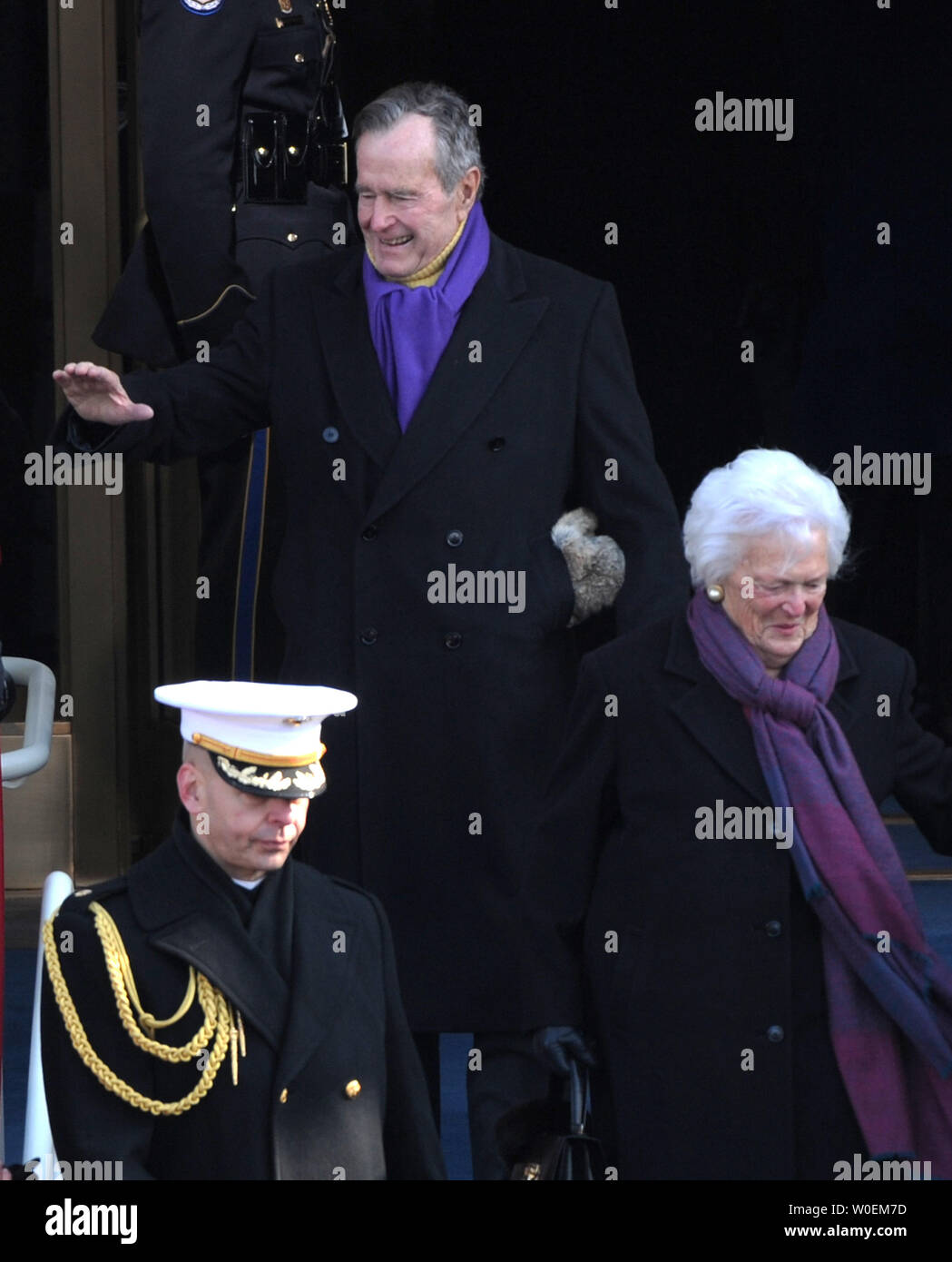 Former President George H. Bush and wife Barbara arrive for the inauguration of Barack Obama as the 44th President of the United States on the west steps of the Capitol on January 20, 2009.  (UPI Photo/Pat Benic) Stock Photo