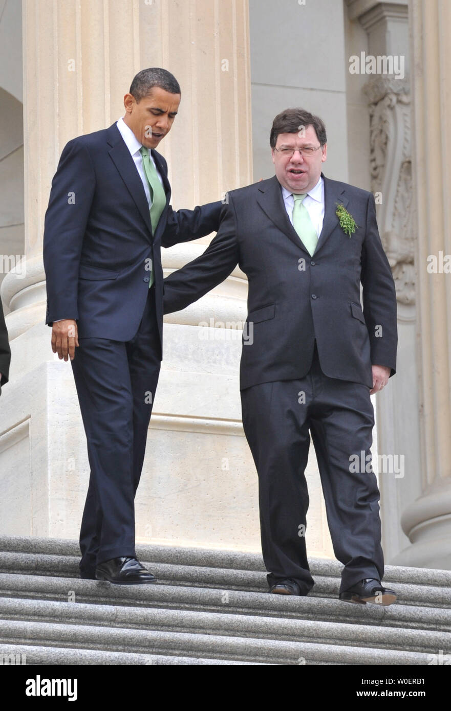U.S. President Barack Obama (L) walks with the Irish Taoiseach Brian Cowen after a St. Patrick's Day Luncheon, hosted by Speaker of the House Nancy Pelsoi, on Capitol Hill in Washington on March 17, 2009. (UPI Photo/Kevin Dietsch) Stock Photo