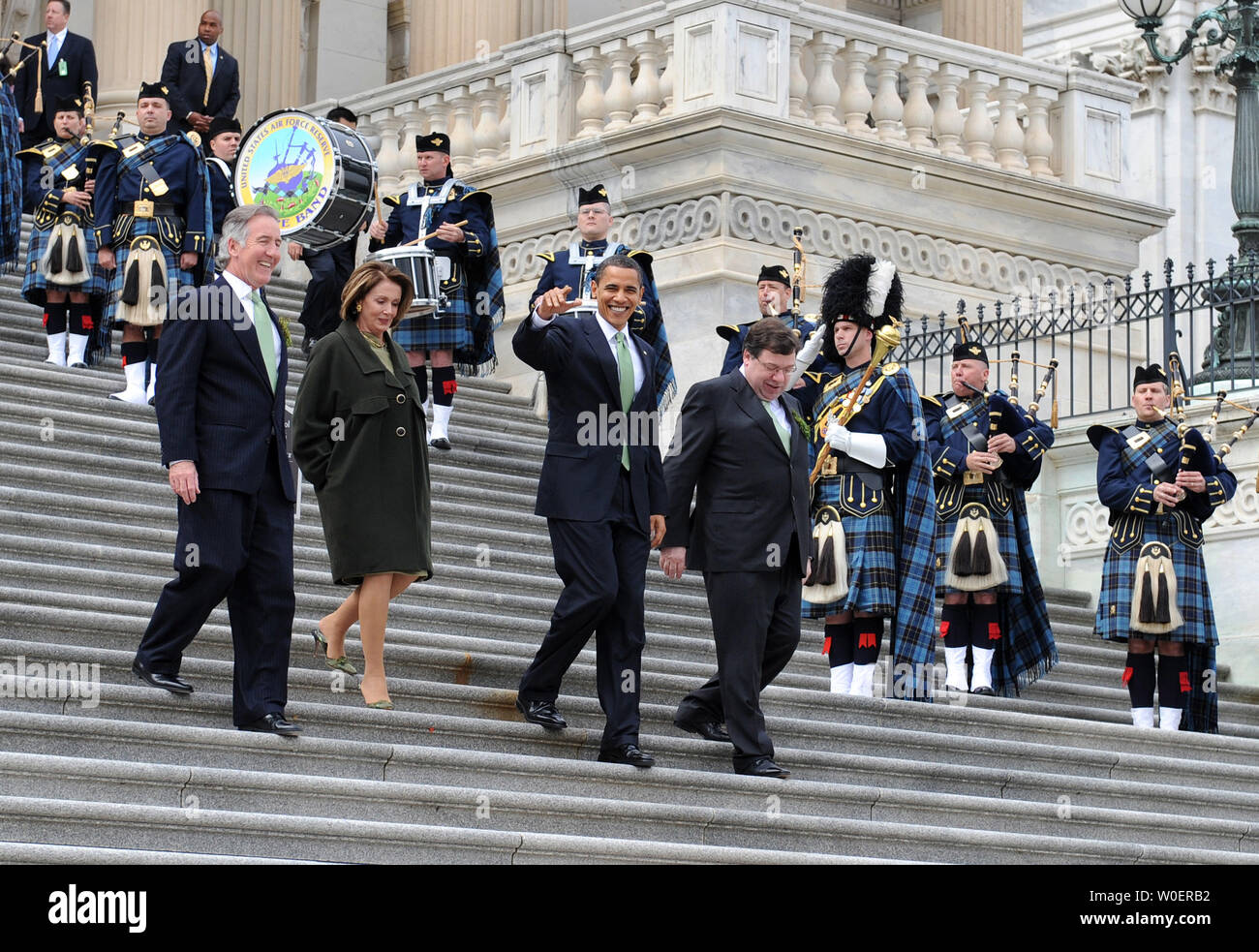 U.S. President Barack Obama (2nd-R) walks with the Irish Taoiseach Brian Cowen (R) Speaker of the House Nancy Pelosi (2nd-L) and Rep. Richard Neal (D-MA) after a St. Patrick's Day Luncheon on Capitol Hill in Washington on March 17, 2009. (UPI Photo/Kevin Dietsch) Stock Photo
