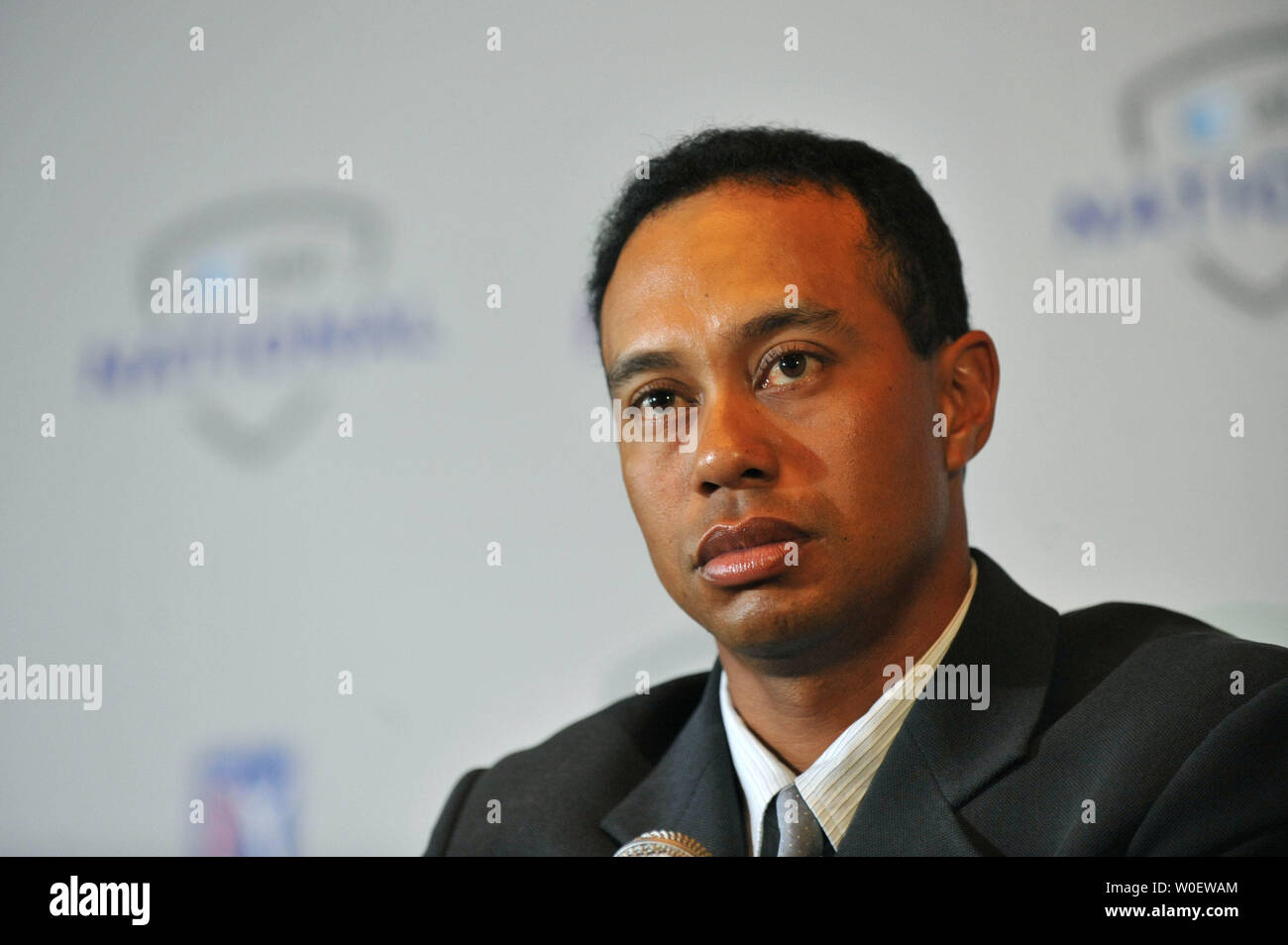 Tiger Woods speaks about his upcoming golf tournament, the 2009 AT&T National, at Congressional Country Club in Potomac, Maryland on April 20, 2009. The $6 million PGA Tour event will be held at Congressional starting June 29 and is designed to pay tribute to America's military personal and raise awareness to the Tiger Woods Foundation, which helps different youth programs around the country. (UPI Photo/Kevin Dietsch Stock Photo