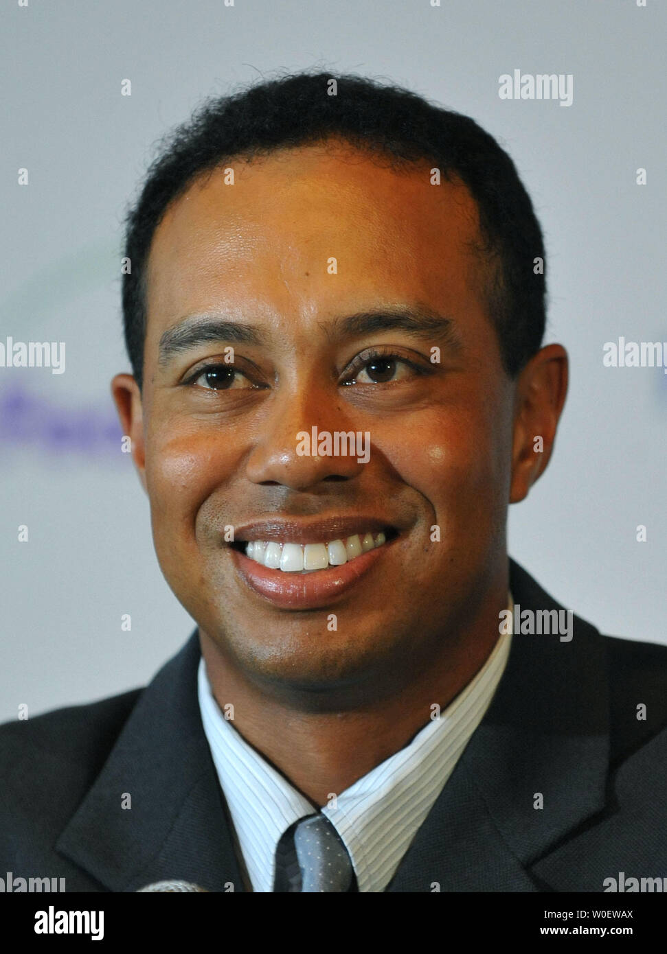 Tiger Woods speaks about his upcoming golf tournament, the 2009 AT&T National, at Congressional Country Club in Potomac, Maryland on April 20, 2009. The $6 million PGA Tour event will be held at Congressional starting June 29 and is designed to pay tribute to America's military personal and raise awareness to the Tiger Woods Foundation, which helps different youth programs around the country. (UPI Photo/Kevin Dietsch Stock Photo