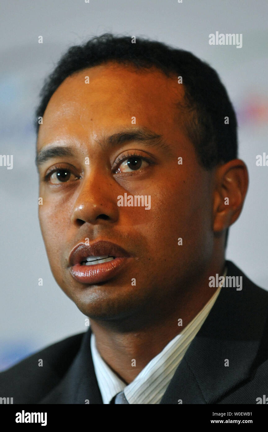 Tiger Woods speaks about his upcoming golf tournament, the 2009 AT&T National, at Congressional Country Club in Potomac, Maryland on April 20, 2009. The $6 million PGA Tour event will be held at Congressional starting June 29 and is designed to pay tribute to America's military personal and raise awareness to the Tiger Woods Foundation, which helps different youth programs around the country. (UPI Photo/Kevin Dietsch Stock Photo