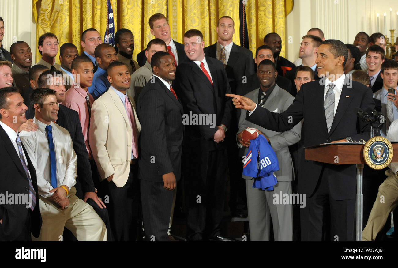 U.S. President Barack Obama congratulates the University of Florida Gators football team on winning the 2009 BCS National Championship in the East Room of the White House in Washington on April 23, 2009.    (UPI Photo/Roger L. Wollenberg) Stock Photo