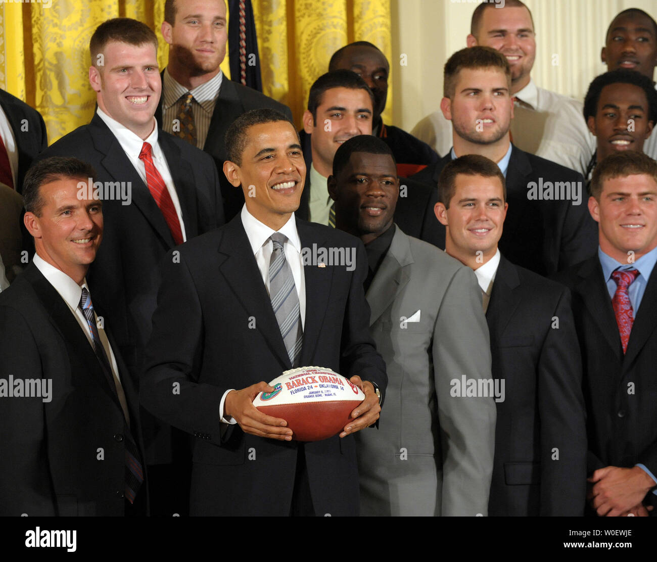 U.S. President Barack Obama stands for a photograph with the University of Florida Gators football team, who won the 2009 BCS National Championship, in the East Room of the White House in Washington on April 23, 2009.    (UPI Photo/Roger L. Wollenberg) Stock Photo