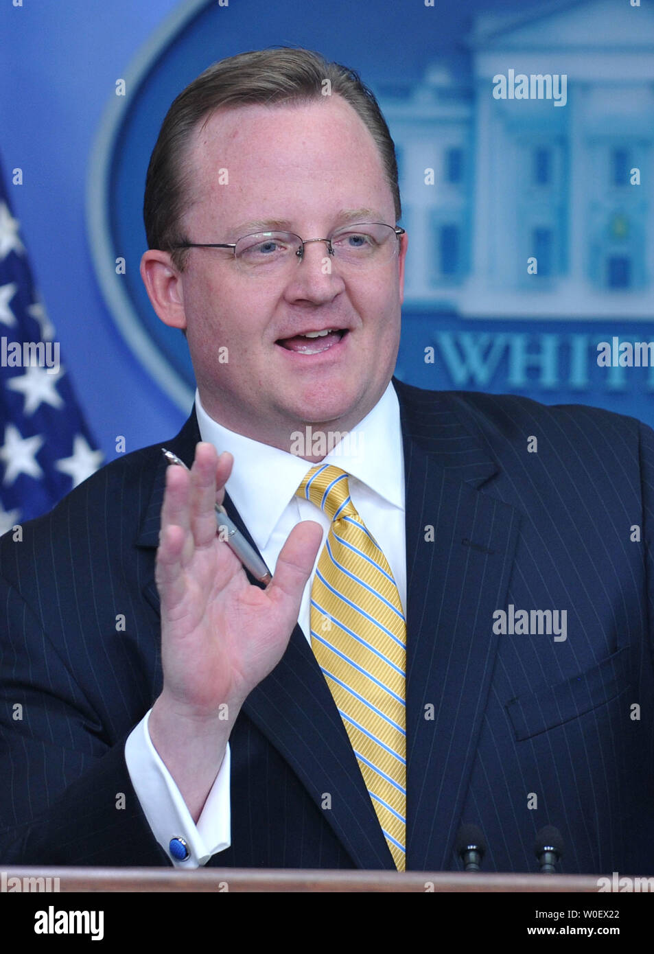 White House Press Secretary Robert Gibbs speaks about the swine influenza during his daily press briefing at the White House in Washington on April 27, 2009. (UPI Photo/Kevin Dietsch) Stock Photo