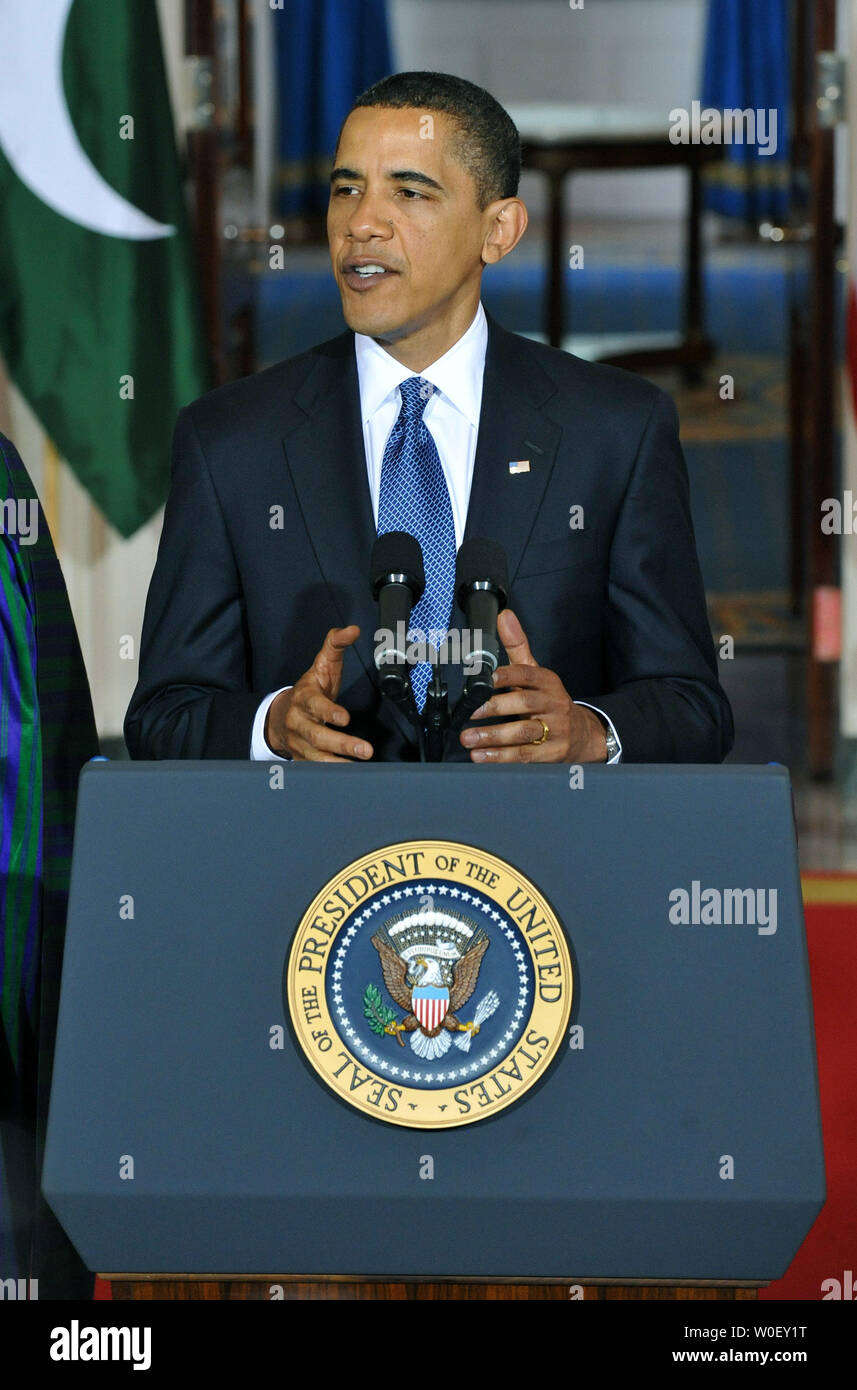 U.S. President Barack Obama delivers remarks after meeting with Pakistan President Asif Ali Zardari and Afghanistan President Hamid Karzai in the Grad Foyer at the White House in Washington on May 6, 2009. (UPI Photo/Kevin Dietsch) Stock Photo