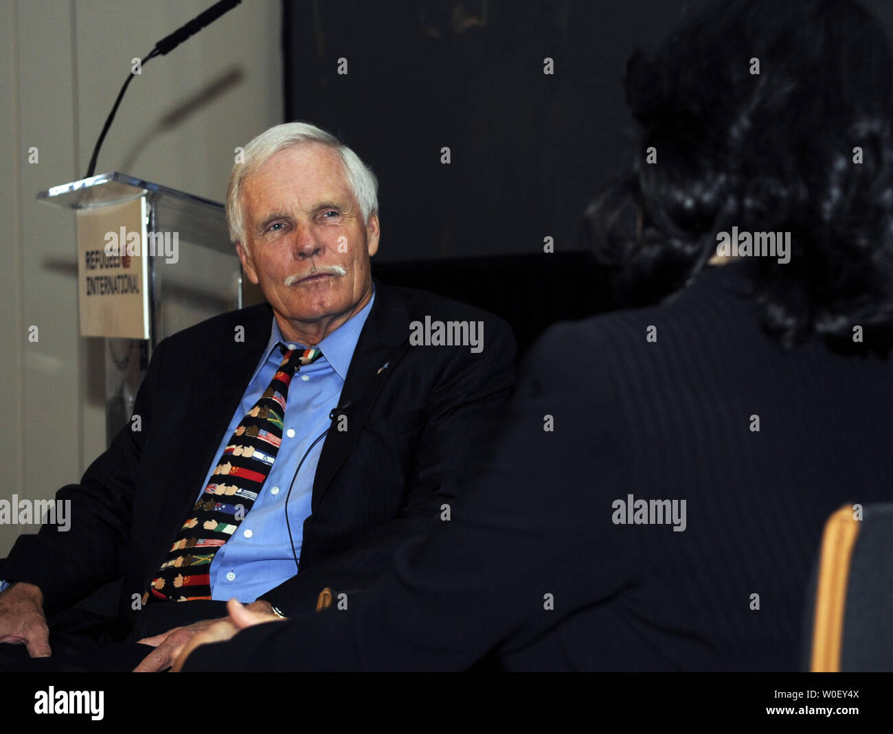 CNN Chief International Correspondent Christiane Amanpour (R) interviews Ted Turner at the 30th Anniversary Refugees International dinner at the Embassy of Italy in Washington on May 7, 2009. The organization is honoring Ted Turner for his contributions to humanitarian issues. (UPI Photo/Alexis C. Glenn) Stock Photo
