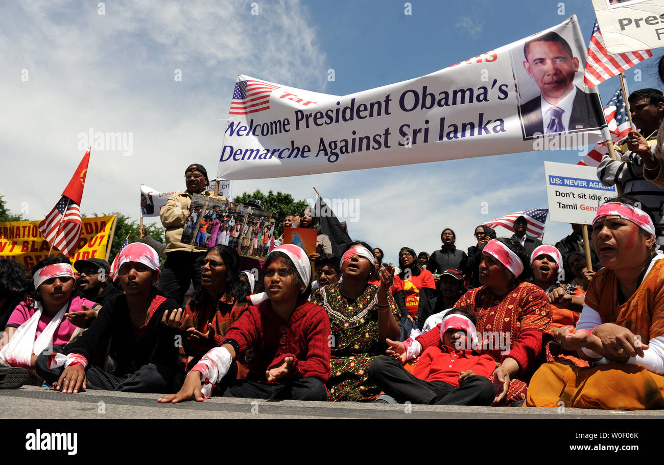 Hundreds of demonstrators call for the end of 'genocide' against the Tamil people in Sri Lanka near the White House in Washington on May 18, 2009.    (UPI Photo/Roger L. Wollenberg) Stock Photo