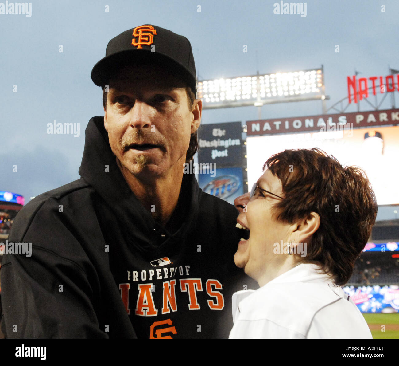 San Francisco Giants pitcher Randy Johnson greets family on the field