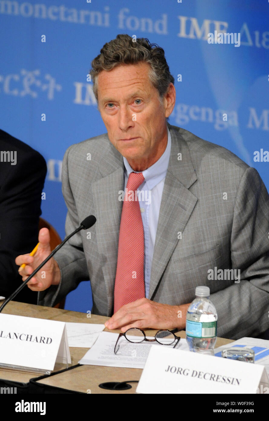 Olivier Blanchard, Economic Counselor and Director at the Research Department at the International Monetary Fund (IMF), delivers remarks on the world economic outlook during a news conference at the IMF Headquarters in Washington on July 8, 2009. (UPI Photo/Kevin Dietsch) Stock Photo