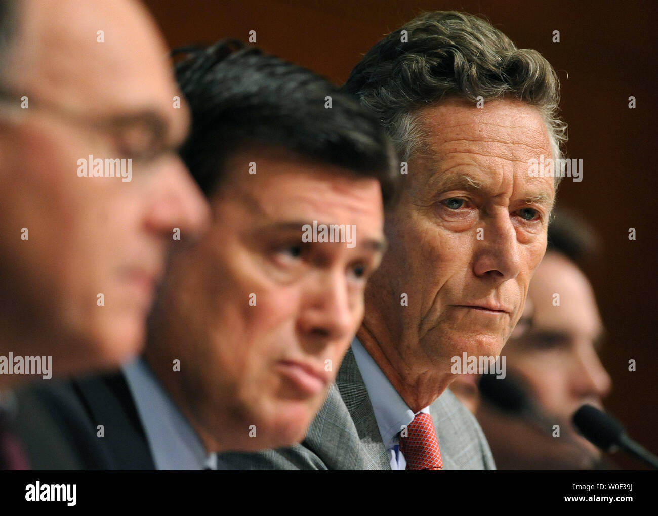 Olivier Blanchard (2nd-R), Economic Counselor and Director of the Research Department at the International Monetary Fund (IMF), participate in a press conference on the world economic outlook at the IMF Headquarters in Washington on July 8, 2009. (UPI Photo/Kevin Dietsch) Stock Photo