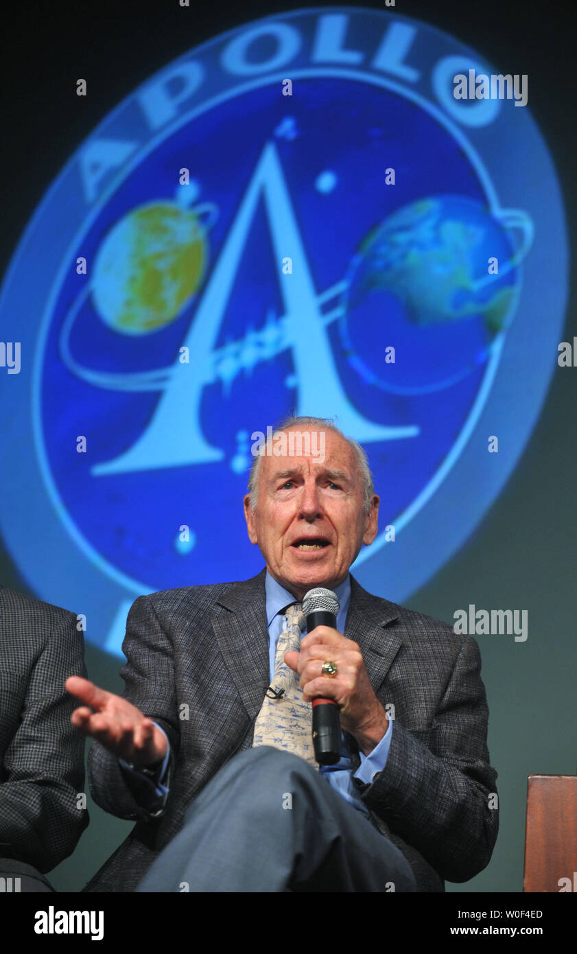 Former Apollo 7 and Apollo 13 astronaut James Lovell speaks on his experiences at NASA during a press conference on the 40th anniversary of the lunar landing at NASA headquarters in Washington on July 20, 2009. (UPI Photo/Kevin Dietsch) Stock Photo