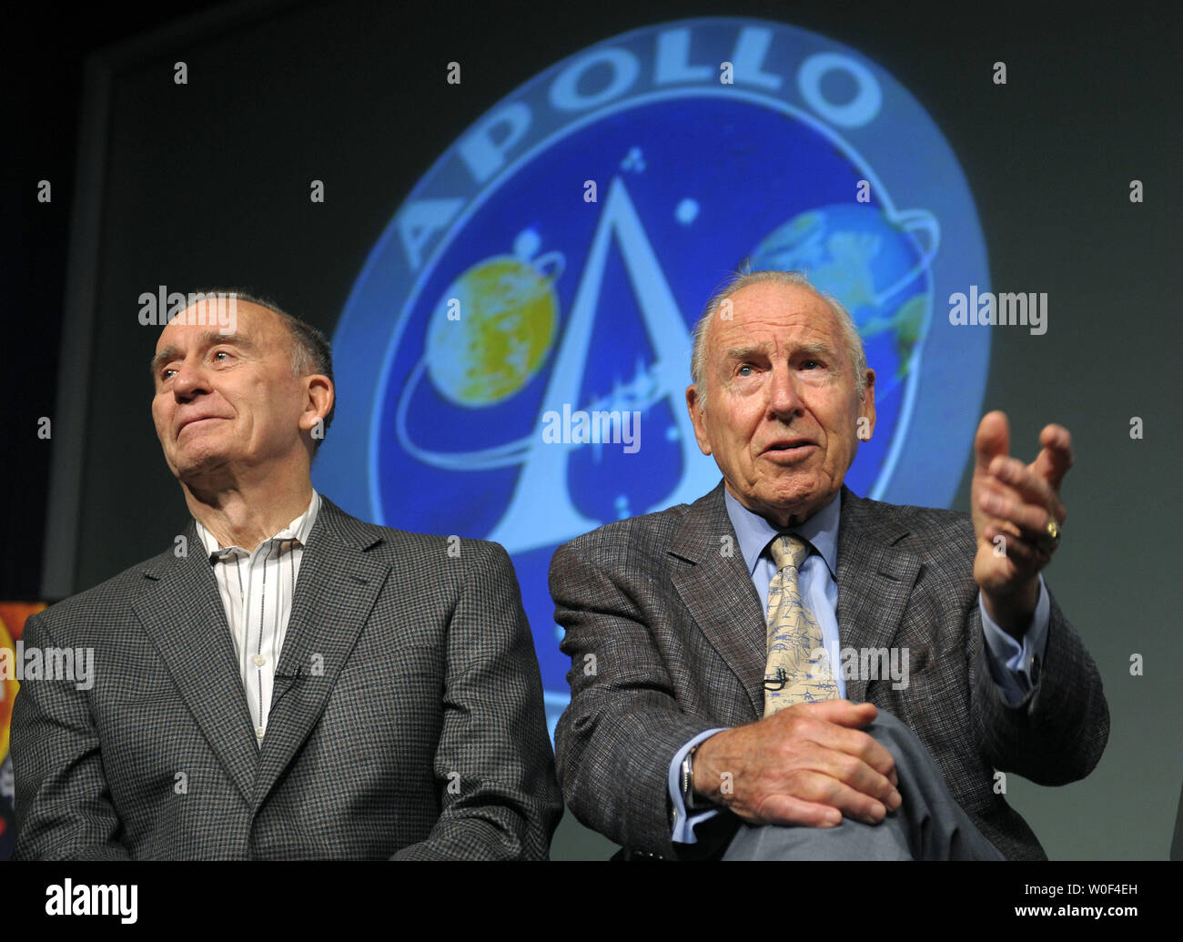Former Apollo 7 and Apollo 13 astronaut James Lovell (R) and former Apollo 7 astronaut Walt Cunningham speak on their experiences at NASA during a press conference on the 40th anniversary of the lunar landing at NASA headquarters in Washington on July 20, 2009. (UPI Photo/Kevin Dietsch) Stock Photo