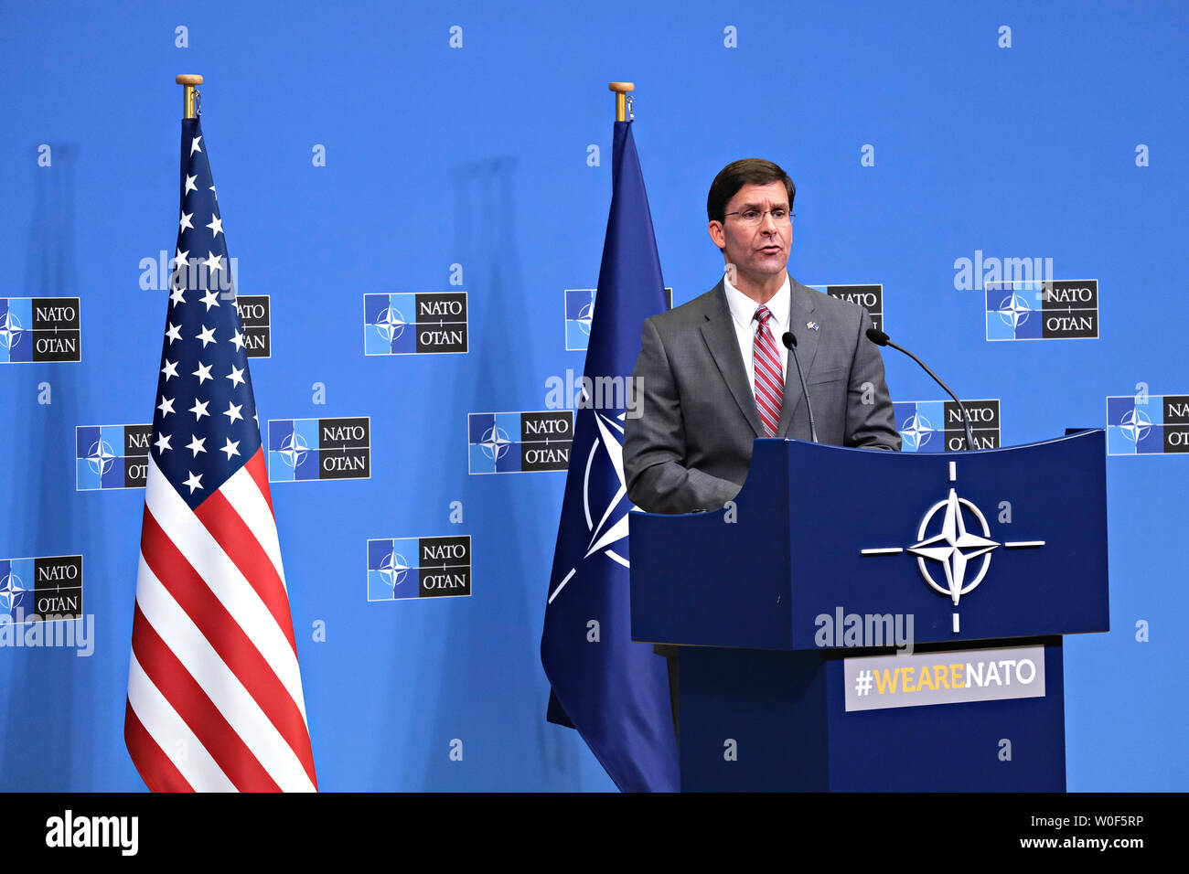 Brussels, Belgium. 27th June 2019. Acting US Secretary for Defense Mark Esper gives a press conference on the  results of the Nato Foreign ministers meeting at NATO headquarters. Alexandros Michailidis/Alamy Live News Stock Photo