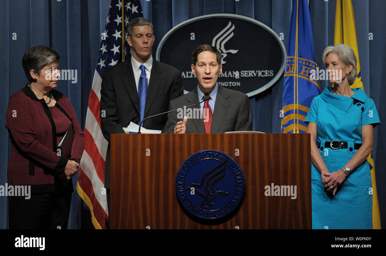 Centers for Disease Control and Prevention Director Thomas Frieden speaks during a news conference to release updated guidance for schools during the upcoming influenza season, particularly regarding the H1N1 Flu Virus, at HHS headquarters in Washington on August 7, 2009. He is joined by Homeland Security Secretary Napolitano, Education Secretary Arne Duncan, and Secretary of Health and Human Services Kathleen Sebelius (L to R).  UPI Photo/Roger L. Wollenberg Stock Photo