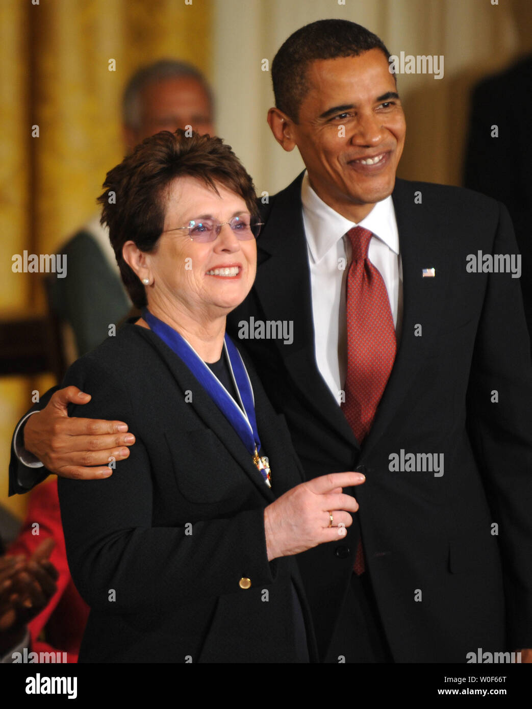 President Barack Obama presents the Presidential Medal of Freedom to Billie Jean King, at the White House in Washington on August 12, 2009.    UPI/Kevin Dietsch Stock Photo