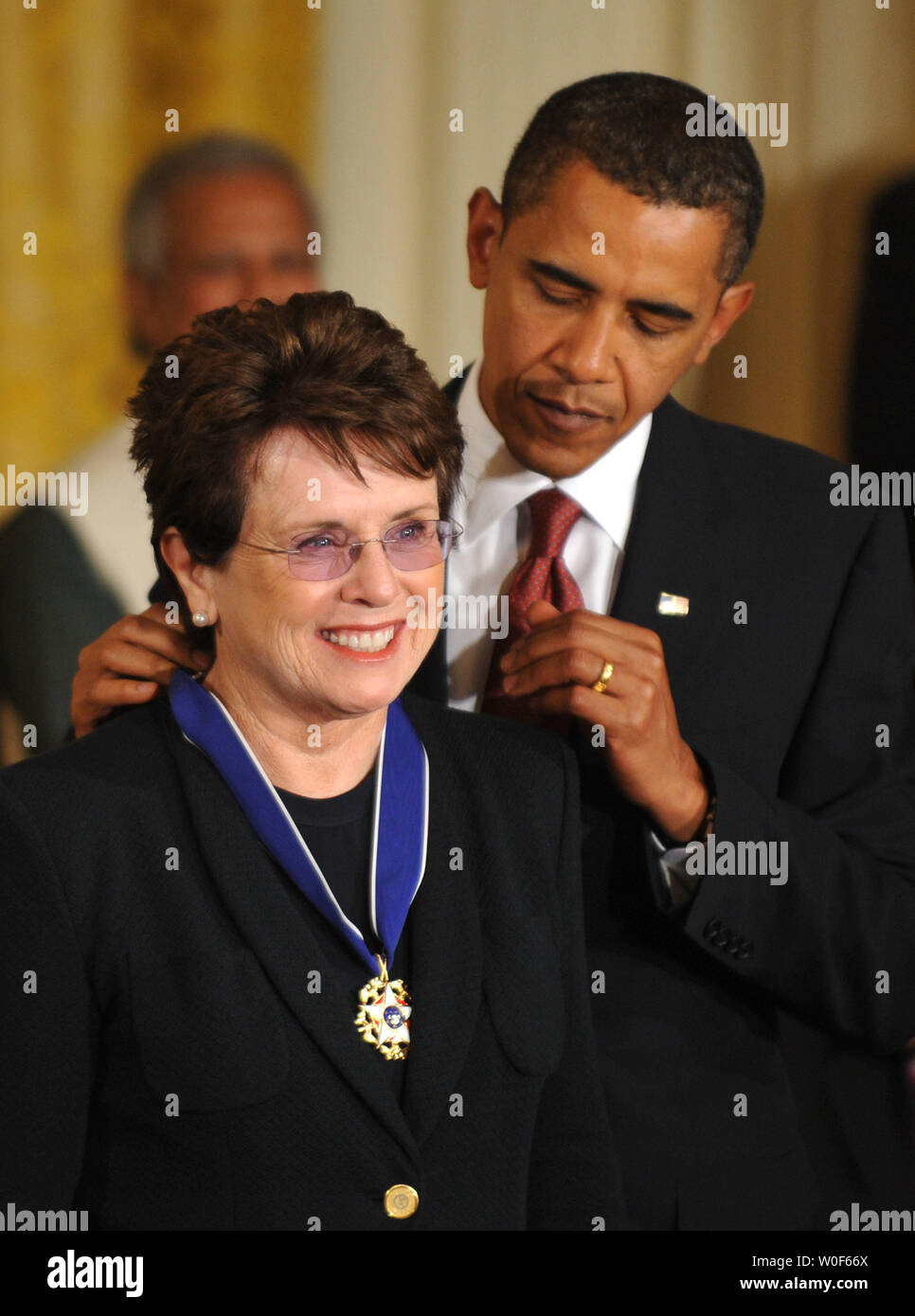 President Barack Obama presents the Presidential Medal of Freedom to Billie Jean King, at the White House in Washington on August 12, 2009.    UPI/Kevin Dietsch Stock Photo