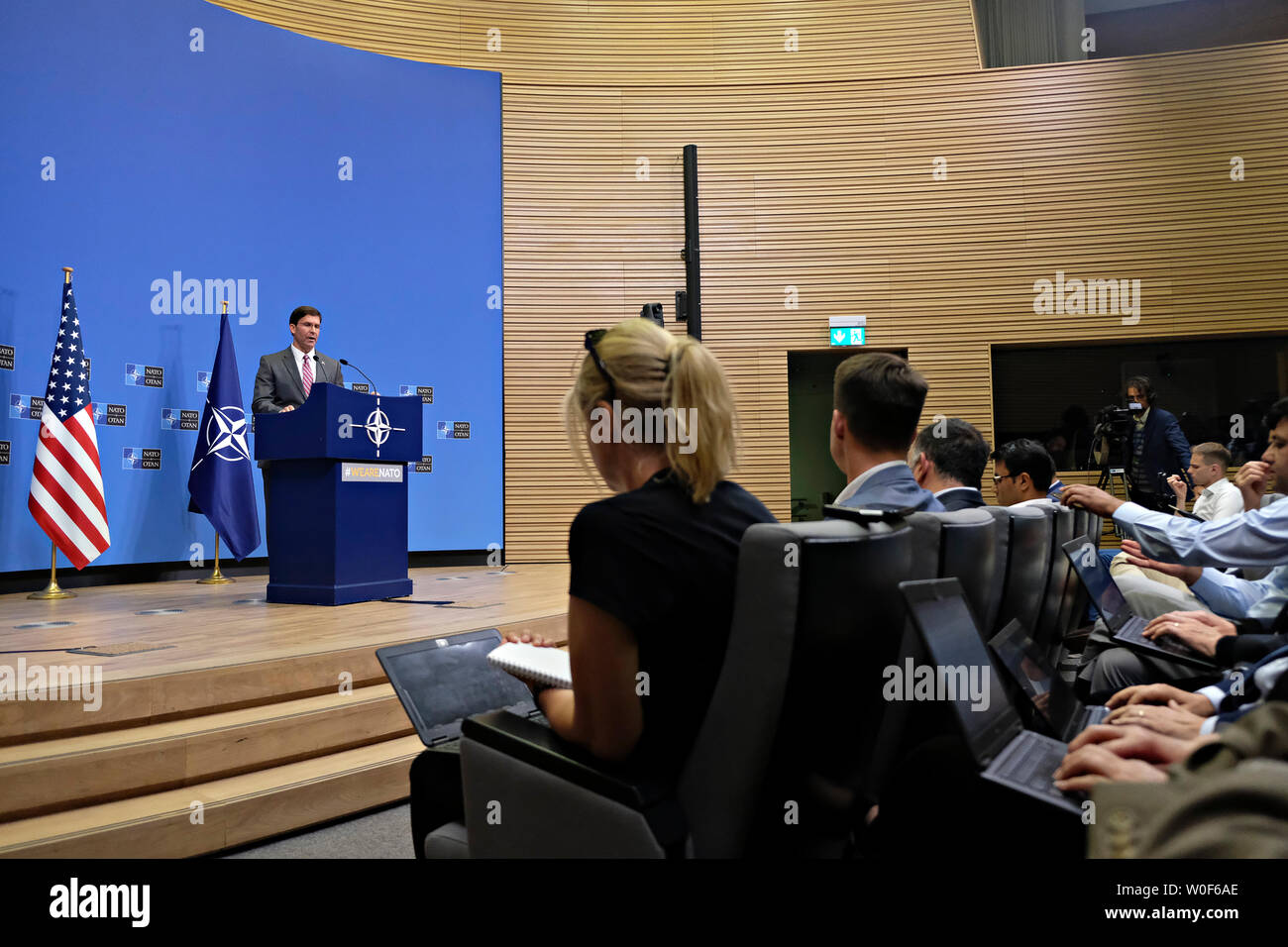 Brussels, Belgium. 27th June 2019. Acting US Secretary for Defense Mark Esper gives a press conference on the  results of the Nato Foreign ministers meeting at NATO headquarters. Alexandros Michailidis/Alamy Live News Stock Photo