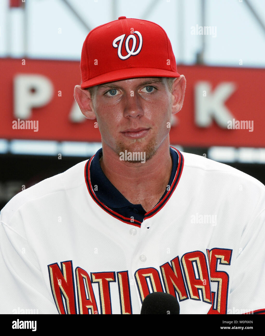Stephen Strasburg, the top selection in the 2009 First Year Player Draft,  is introduced by General Manager Mike Rizzo as the newest member of the  Washington Nationals at Nationals Park in Washington