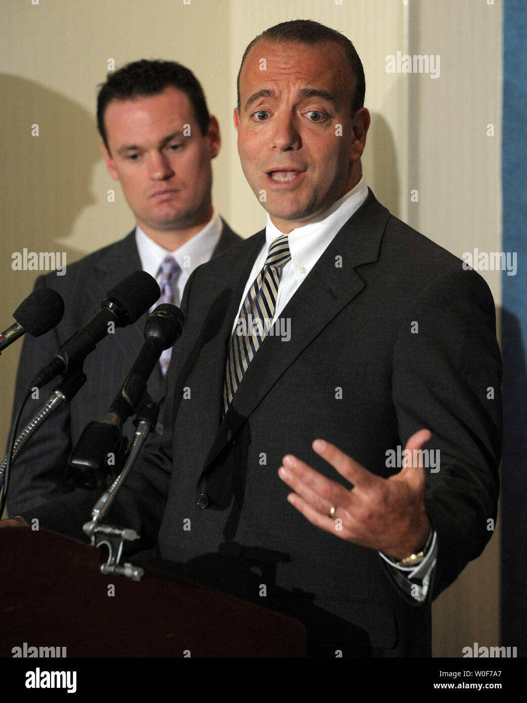 Pittsburgh Mayor Luke Ravenstahl and Allegheny County Executive Dan Onorato (L to R) participate in a news conference to discuss the G20 summit which Pittsburgh is hosting in Washington on September 9, 2009.    UPI/Roger L. Wollenberg Stock Photo