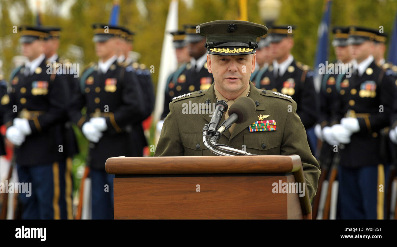 Vice Chairman of the Joint Chiefs of Staff Marine Corps Gen. James E. Cartwright speaks during the Pentagon ceremony for National POW/MIA Recognition Day at the River Entrance Parade Field on September 18, 2009.      UPI/Roger L. Wollenberg Stock Photo