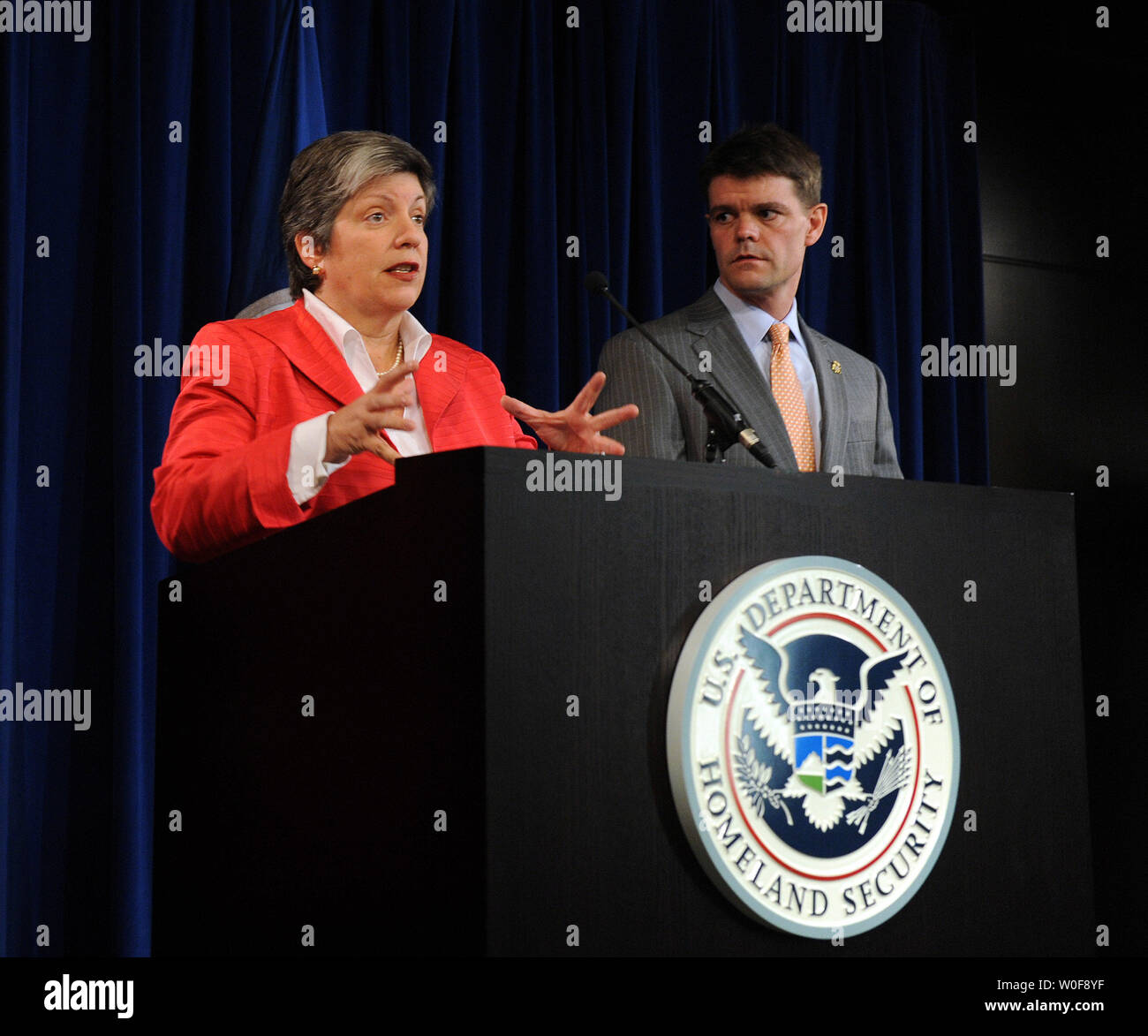 Secretary of Homeland Security Janet Napolitano and Immigration and Customs Enforcement (ICE) Assistant Secretary John Morton participate in a news conference announcing new initiatives concerning the detention of illegal immigrants at ICE headquarters in Washington on October 6, 2009.    UPI/Roger L. Wollenberg Stock Photo