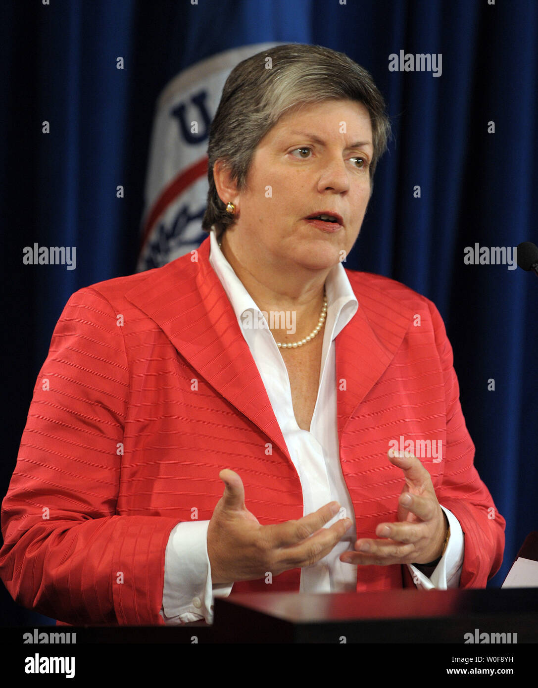 Secretary of Homeland Security Janet Napolitano speaks during a news conference announcing new initiatives concerning the detention of illegal immigrants at ICE headquarters in Washington on October 6, 2009.    UPI/Roger L. Wollenberg Stock Photo