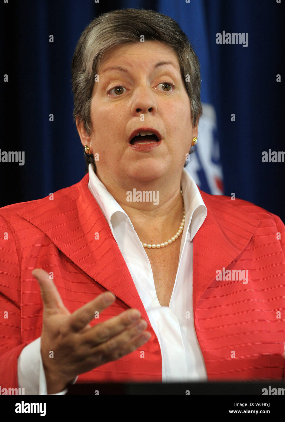 Secretary of Homeland Security Janet Napolitano speaks during a news conference announcing new initiatives concerning the detention of illegal immigrants at ICE headquarters in Washington on October 6, 2009.    UPI/Roger L. Wollenberg Stock Photo