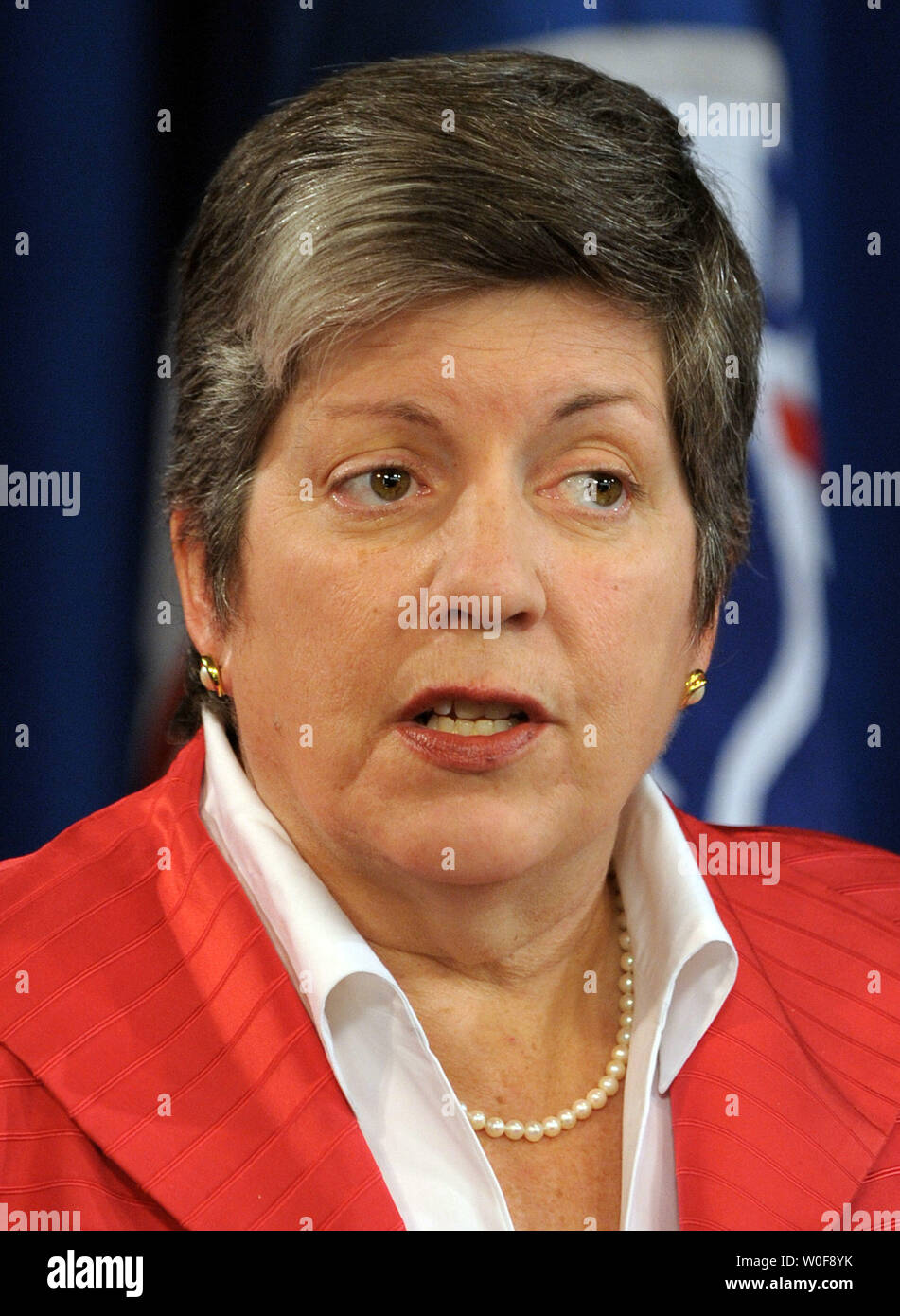 Secretary of Homeland Security Janet Napolitano speaks during a news conference announcing new initiatives concerning the detention of illegal immigrants at ICE headquarters in Washington on October 6, 2009.    UPI/Roger L. Wollenberg Stock Photo