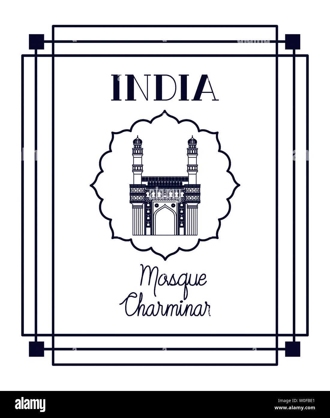indian mosque chaminar temple with square frame Stock Vector
