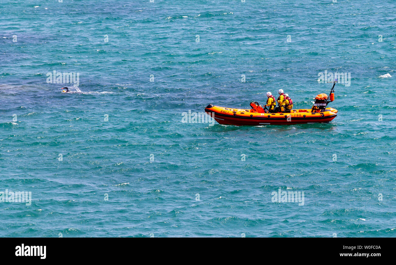 Owenahincha, West Cork, Ireland, 27th June 2019, Air and Sea rescue services were called out today to locate a missing swimmer reported off Owenahincha beach. The search involved the RNLI, Coastguard plus a Search Helicopter and Aircraft. The swimmer was located safe and well swimming off the beach. Credit aphperspective/ Alamy Live News Stock Photo