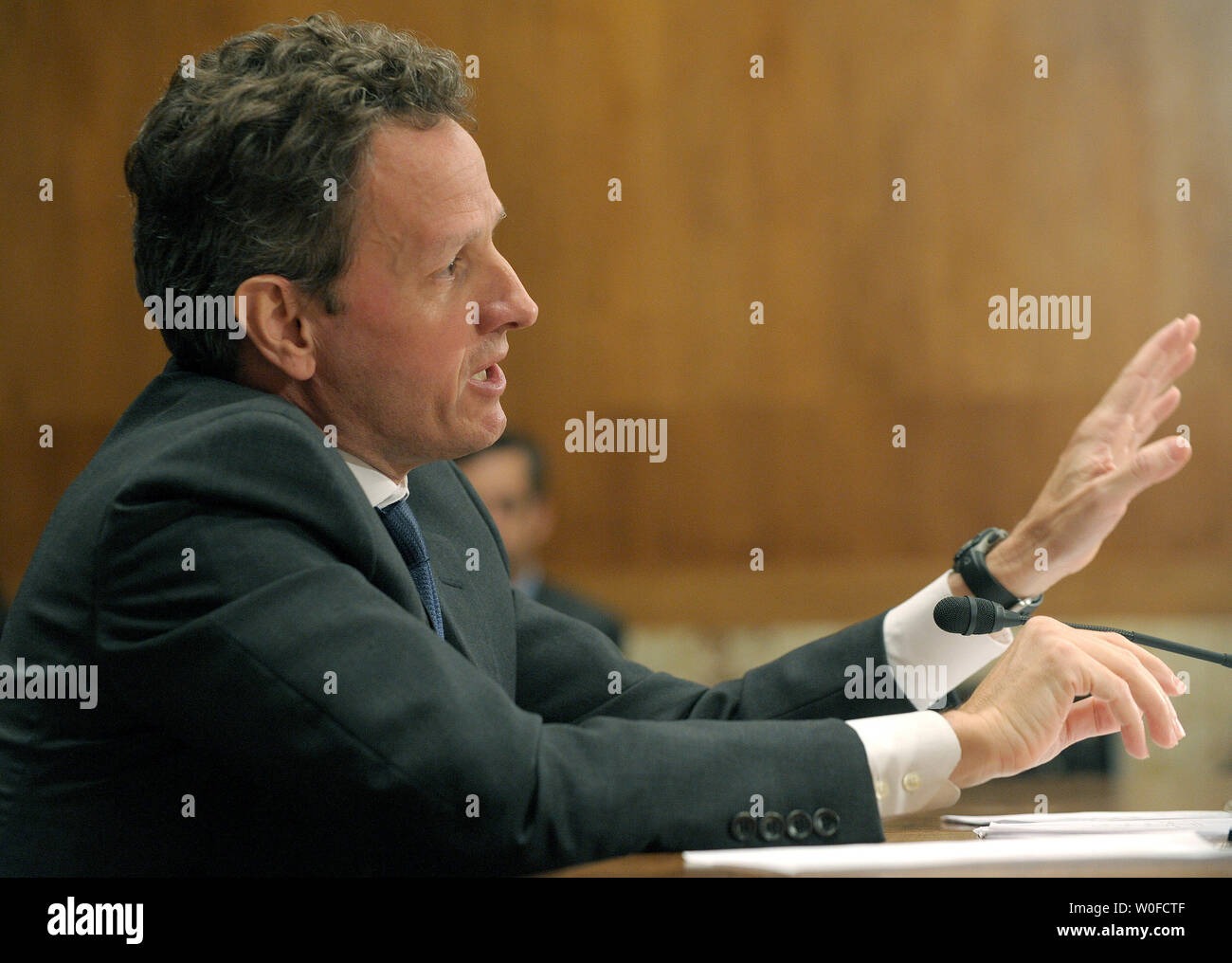 Treasury Secretary Timothy Geithner discusses the current status of the Troubled Asset Relief Program (TARP) with The Congressional Oversight Panel, created to oversee the expenditure of TARP money, on Capitol Hill in Washington on December 10, 2009.   UPI/Roger L. Wollenberg Stock Photo