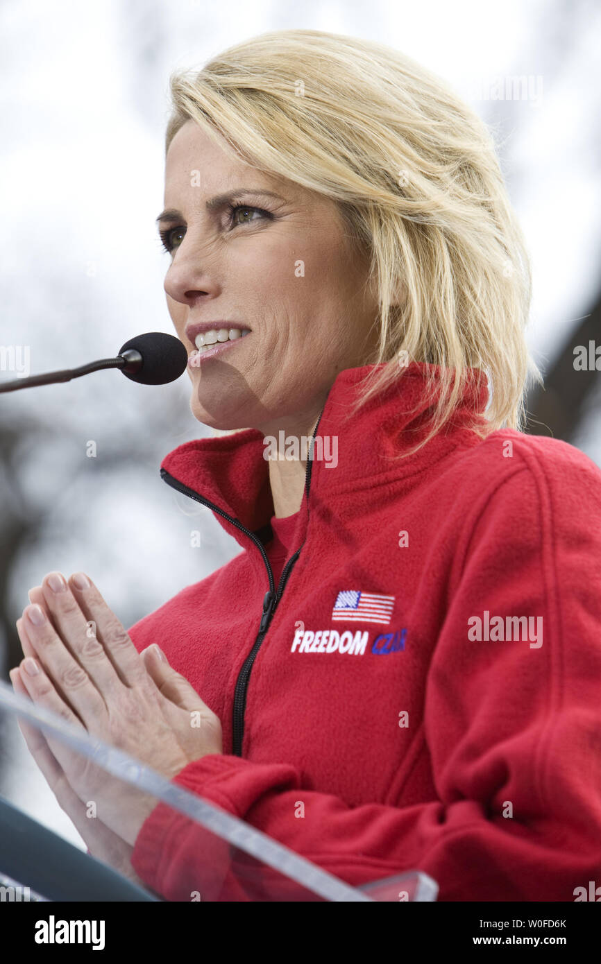 Radio Talk Show Host Laura Ingraham speaks during the Americans for Prosperity and Patients First healthcare rally on Capitol Hill in Washington on December 15, 2009.      UPI/Madeline Marshall Stock Photo