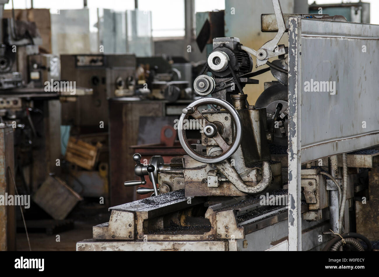 Turning equipment old machinery factory. Stock Photo
