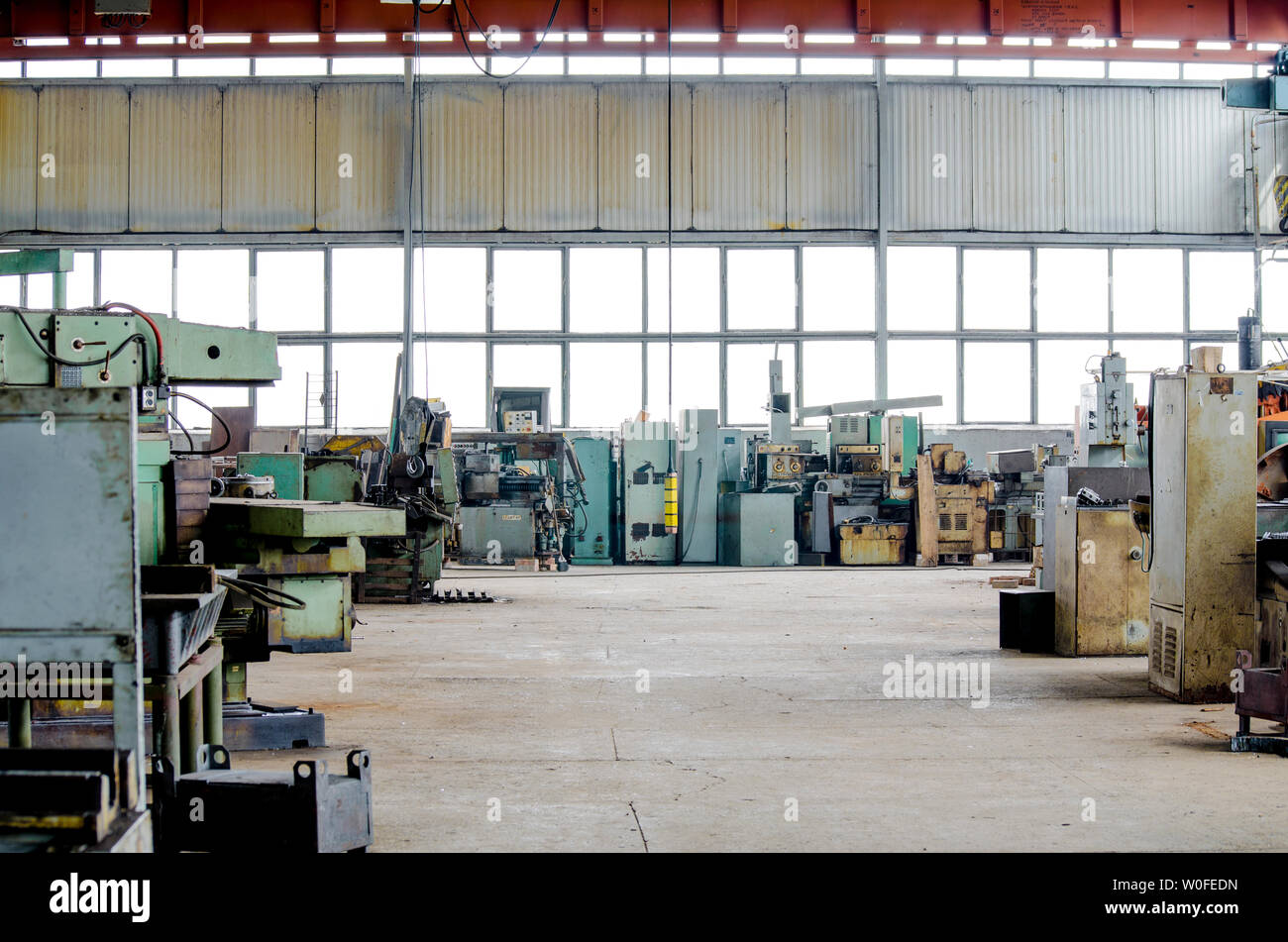 Large industrial hall. Turning equipment old machinery factory. Stock Photo