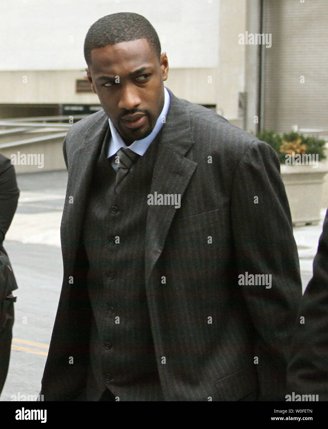 Washington Wizards guard Gilbert Arenas arrives at the District of Columbia courthouse to answer the felony count of carrying a handgun without a license in Washington on January 14, 2010.   UPI/Scott Eaton Stock Photo
